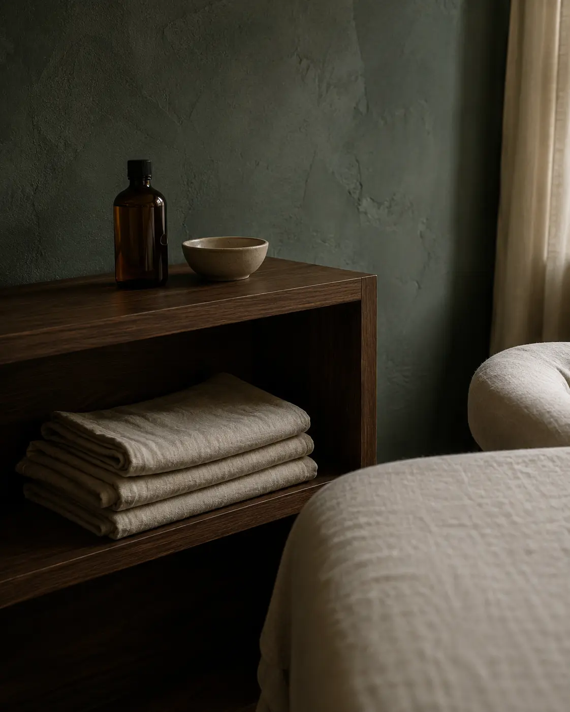Espace de soin calme avec huiles de massage et linge préparé