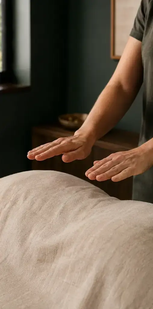 Soin Reiki avec les mains au-dessus d’une personne couverte